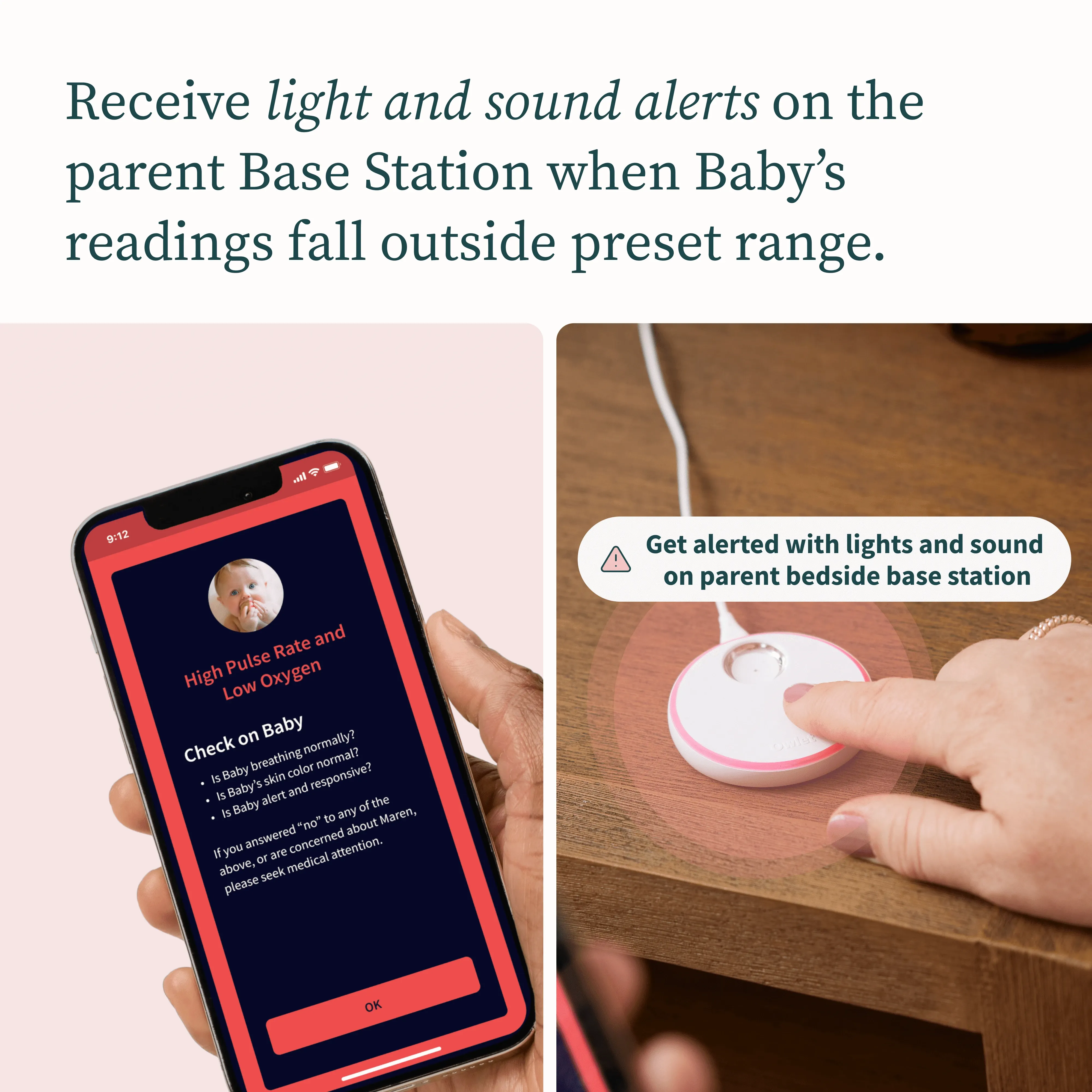 Marketing graphic showing a smartphone baby-monitor app alert for high pulse rate and low oxygen, alongside a parent bedside base station being pressed to trigger light and sound alerts.