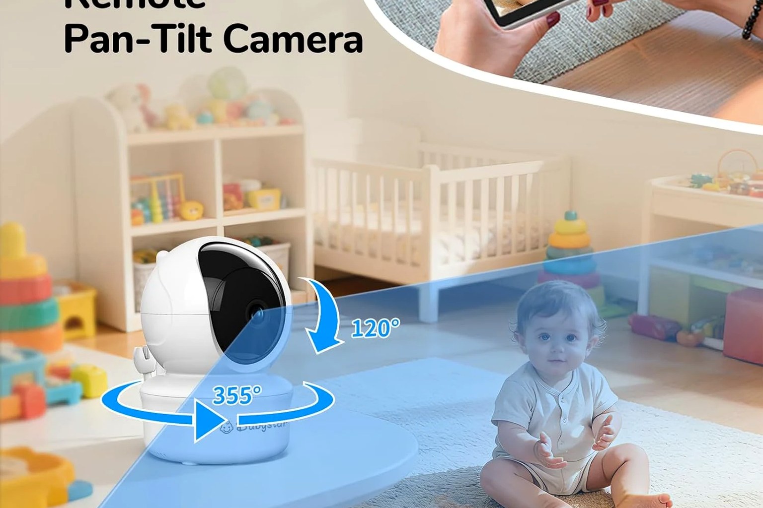 Close-up of a 5-inch baby monitor parent screen showing a cot view enlarged with 2x digital zoom