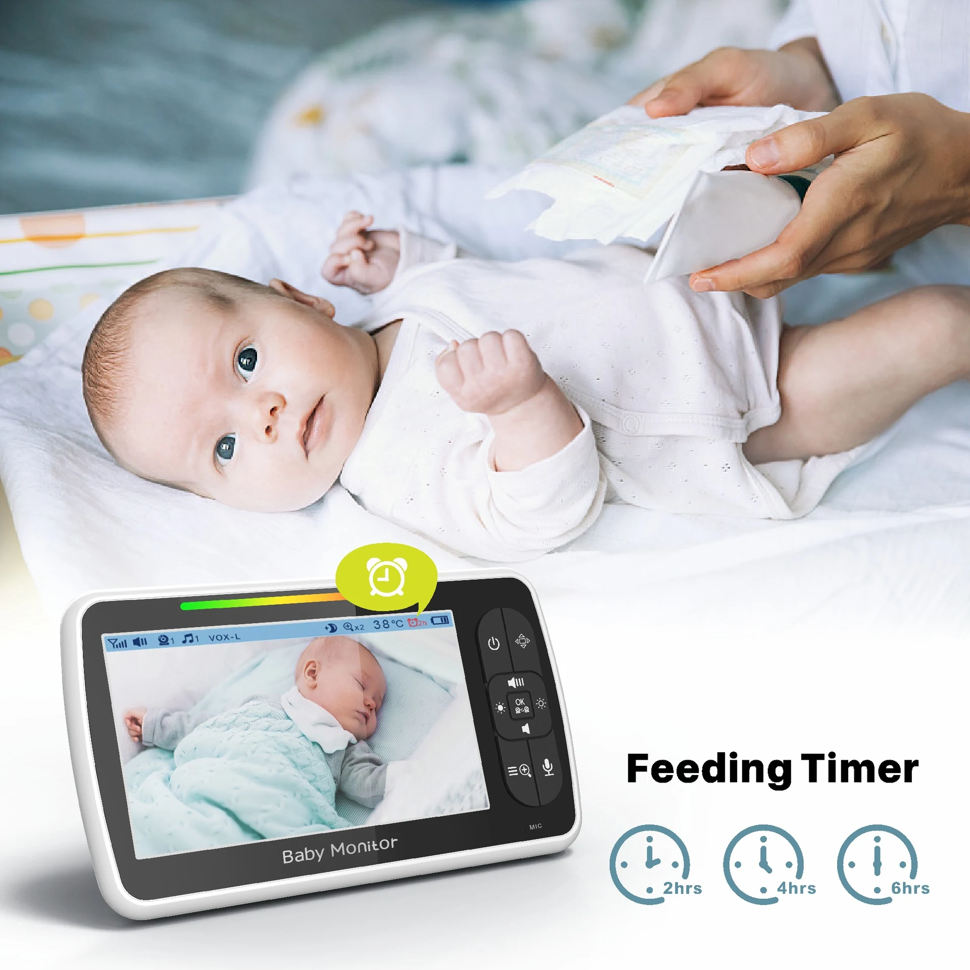 Baby monitor feeding timer shown during a nappy change