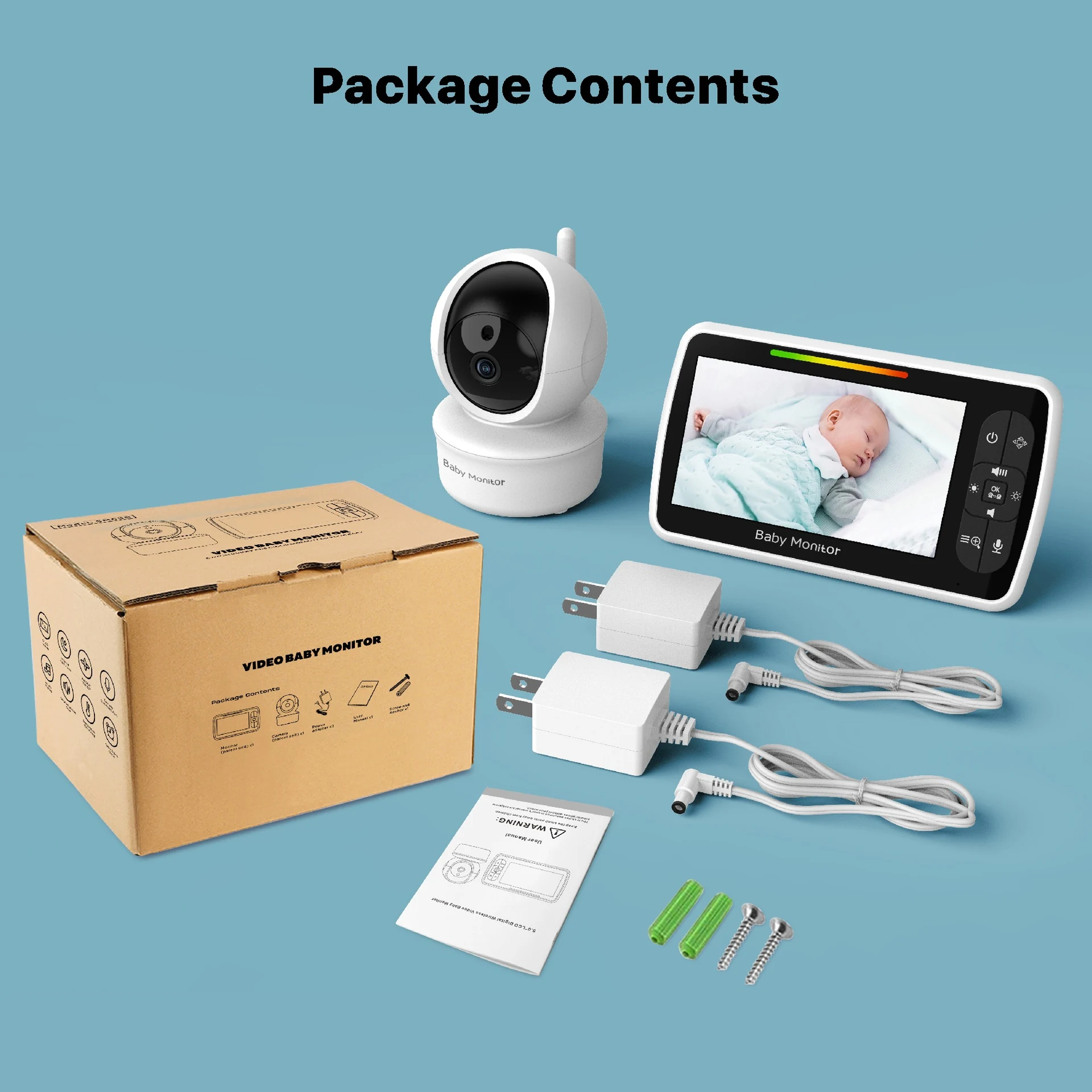 Babystar SM650 baby monitor package contents with camera screen adapters and accessories