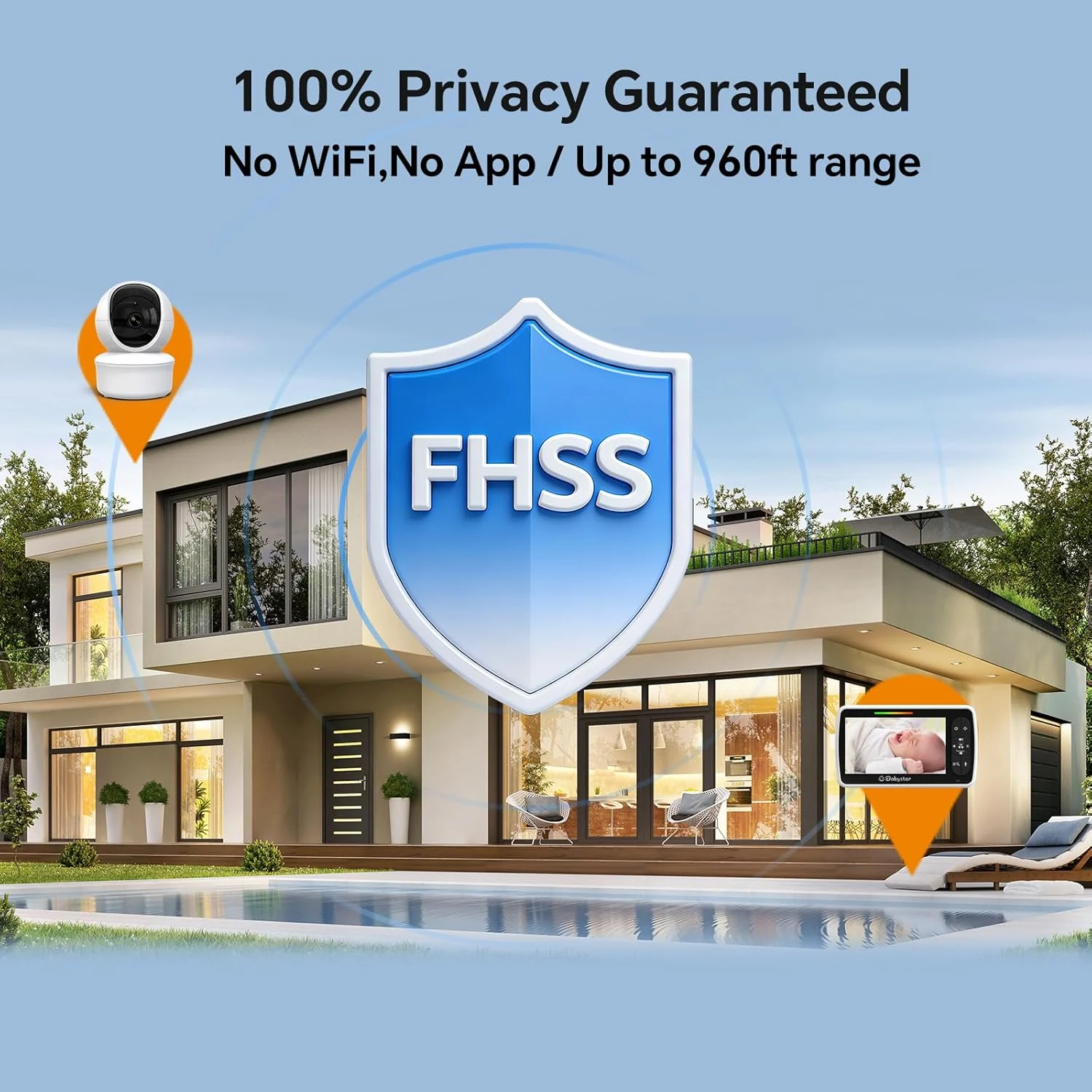 Baby monitor FHSS privacy range feature for home monitoring