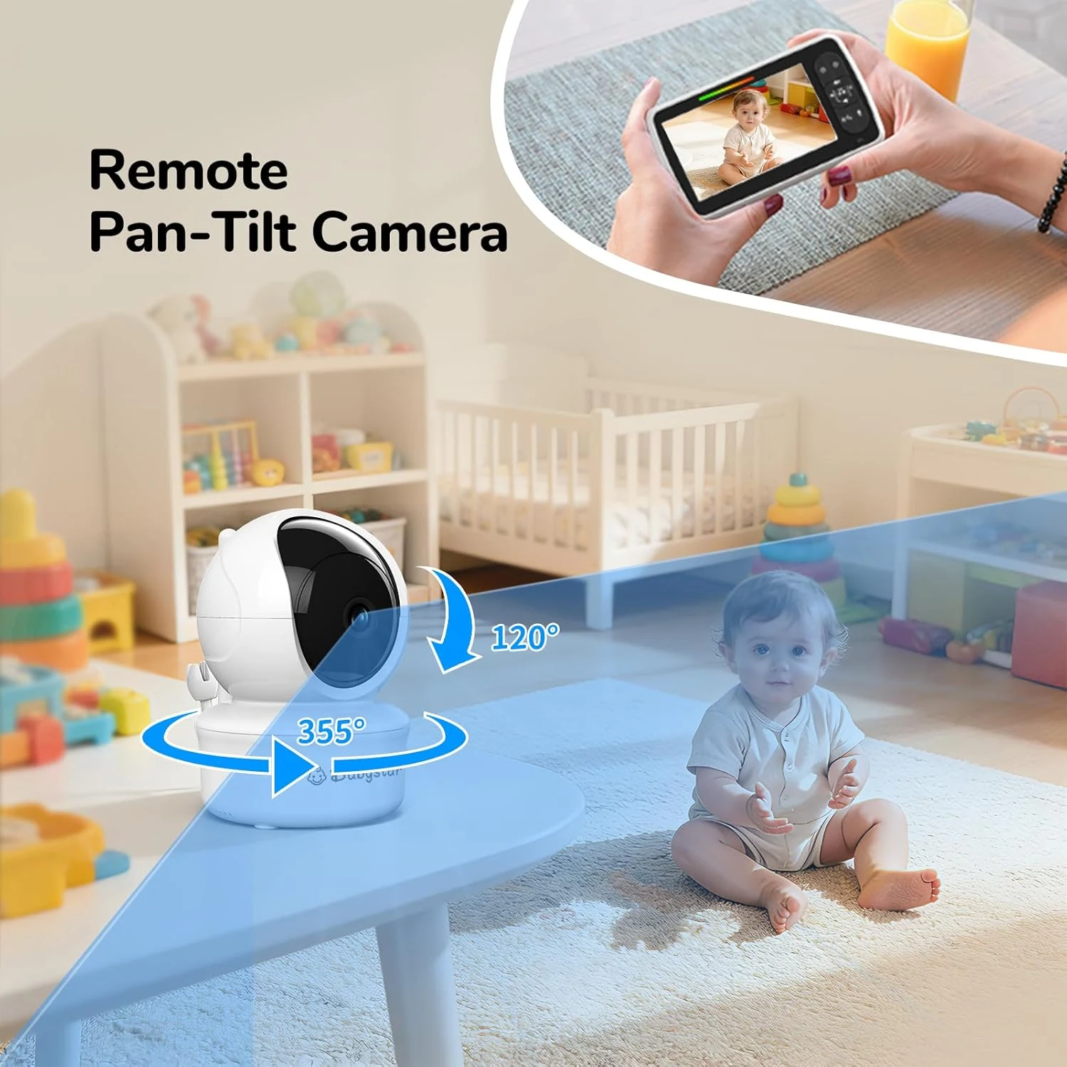Baby monitor remote pan and tilt camera coverage in a nursery