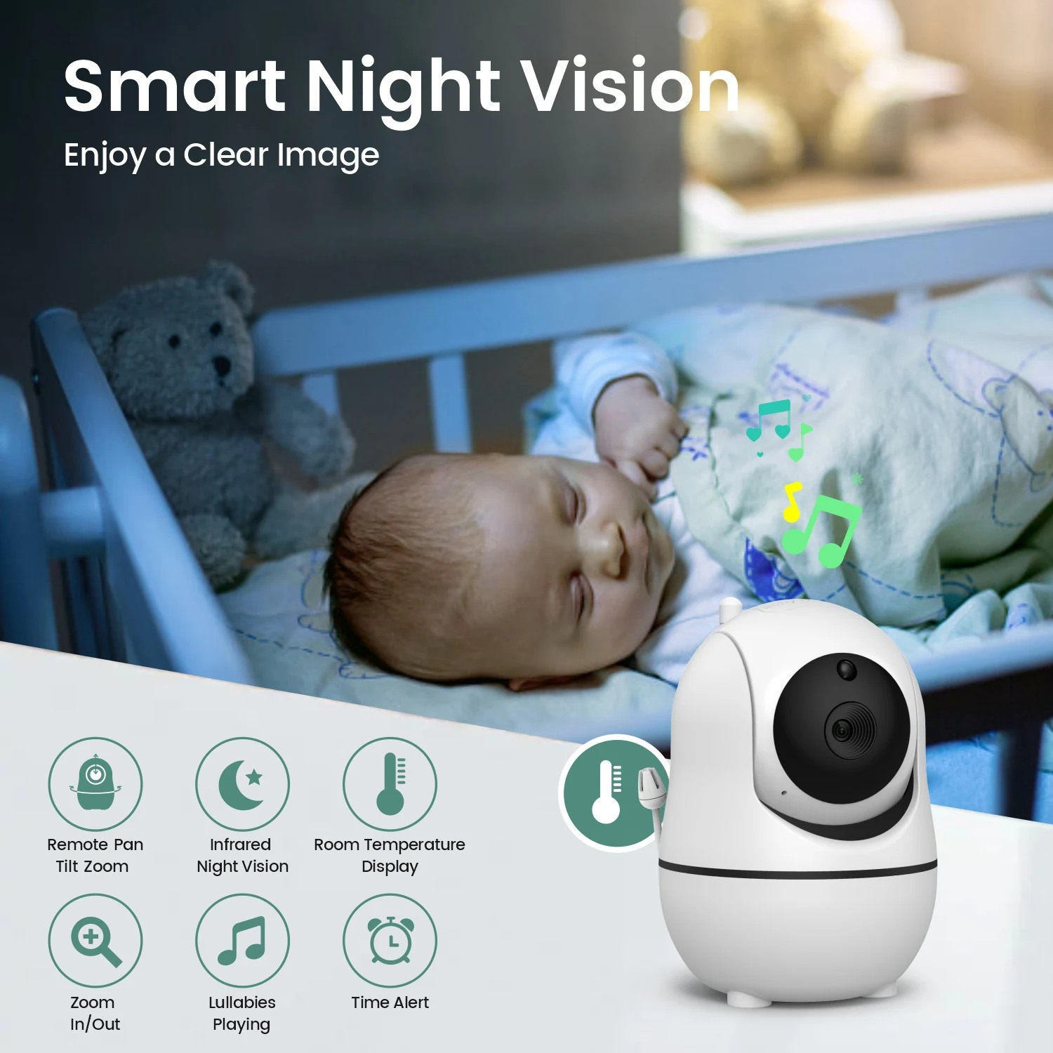 Baby monitor smart night vision feature with camera in a nursery