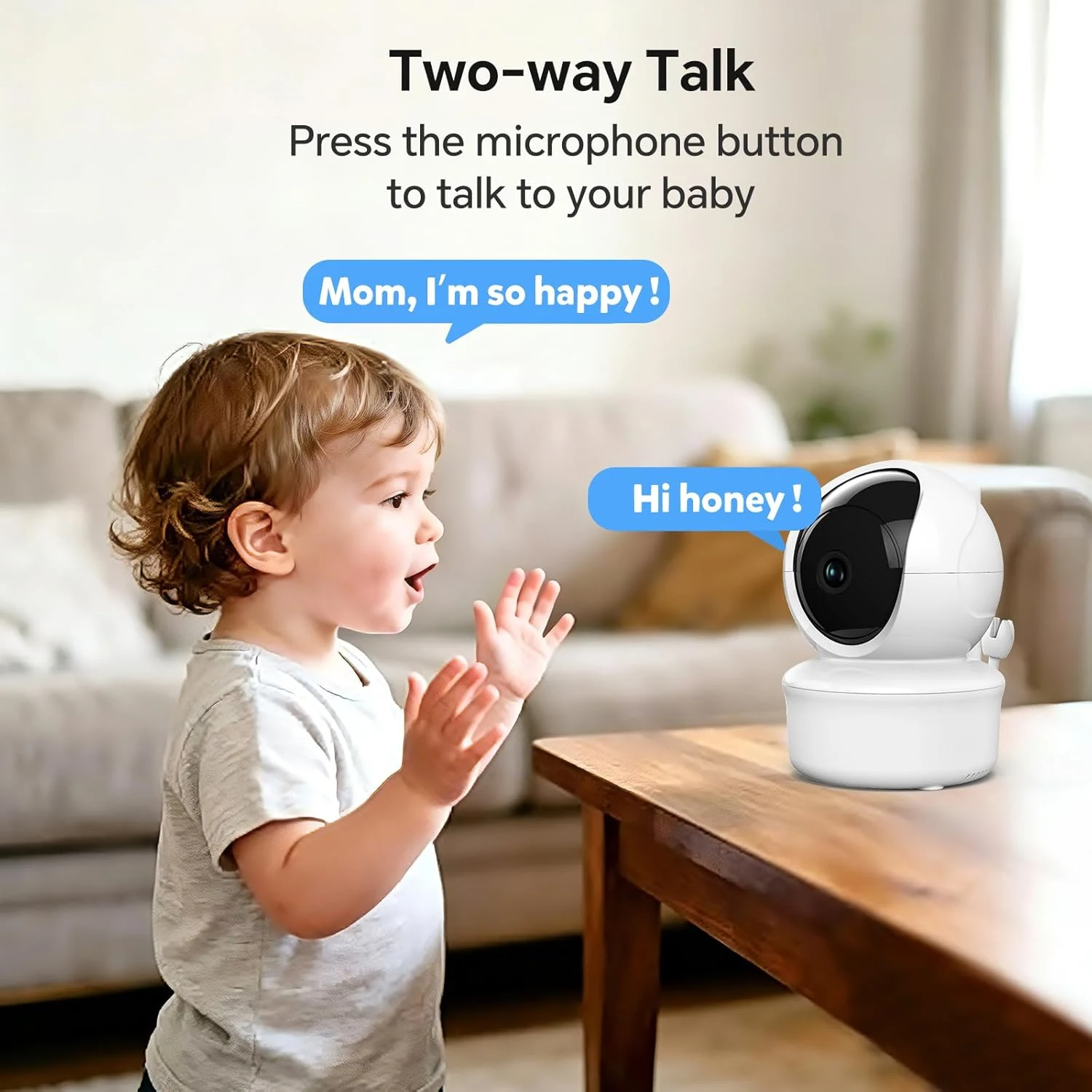 Baby monitor two-way talk feature with camera beside a toddler