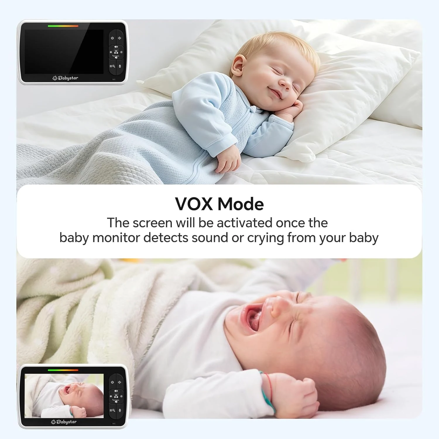 Baby monitor VOX mode showing the screen waking when a baby cries